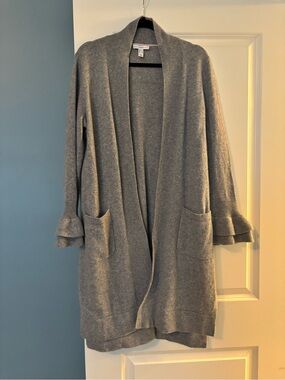 100% Cashmere Isaac Mizrahi Live Gray Open-Front Cardigan with Ruffle Cuffs L